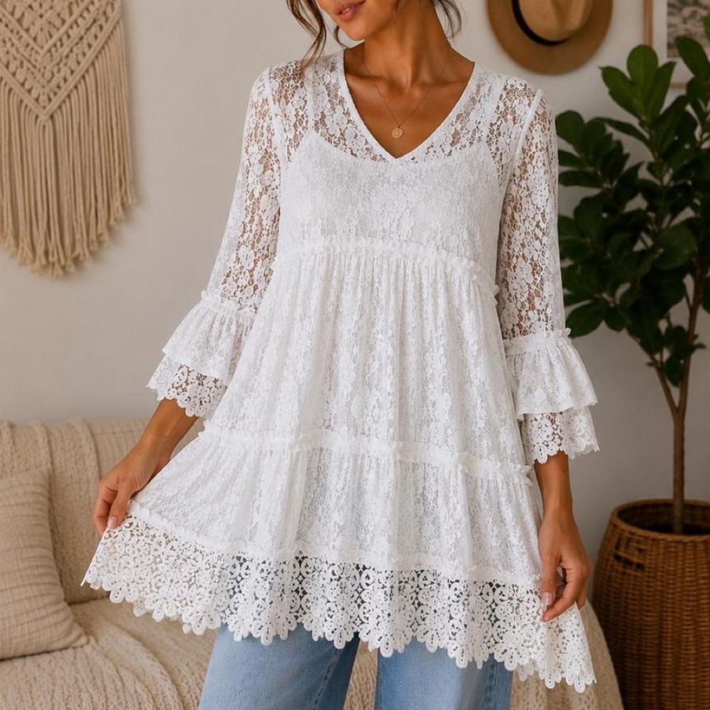 Suzanne Betro Lace Tunic Top White V-Neck Tiered Bell Sleeve XL Romantic Boho